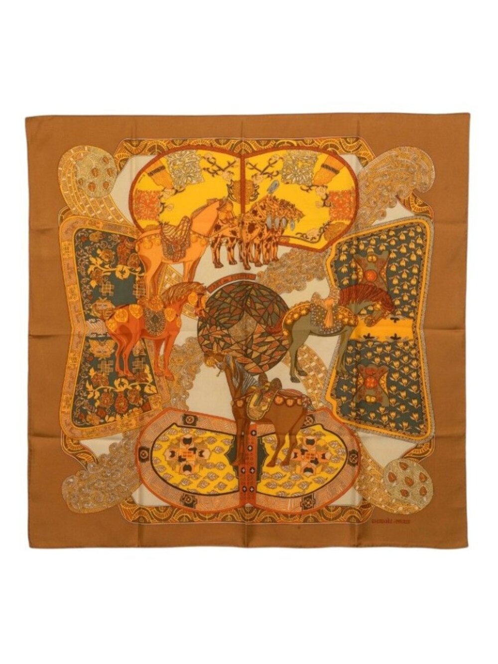 Hermes Carre 90 Art Des Steppes Step Art Scarf Brown Silk